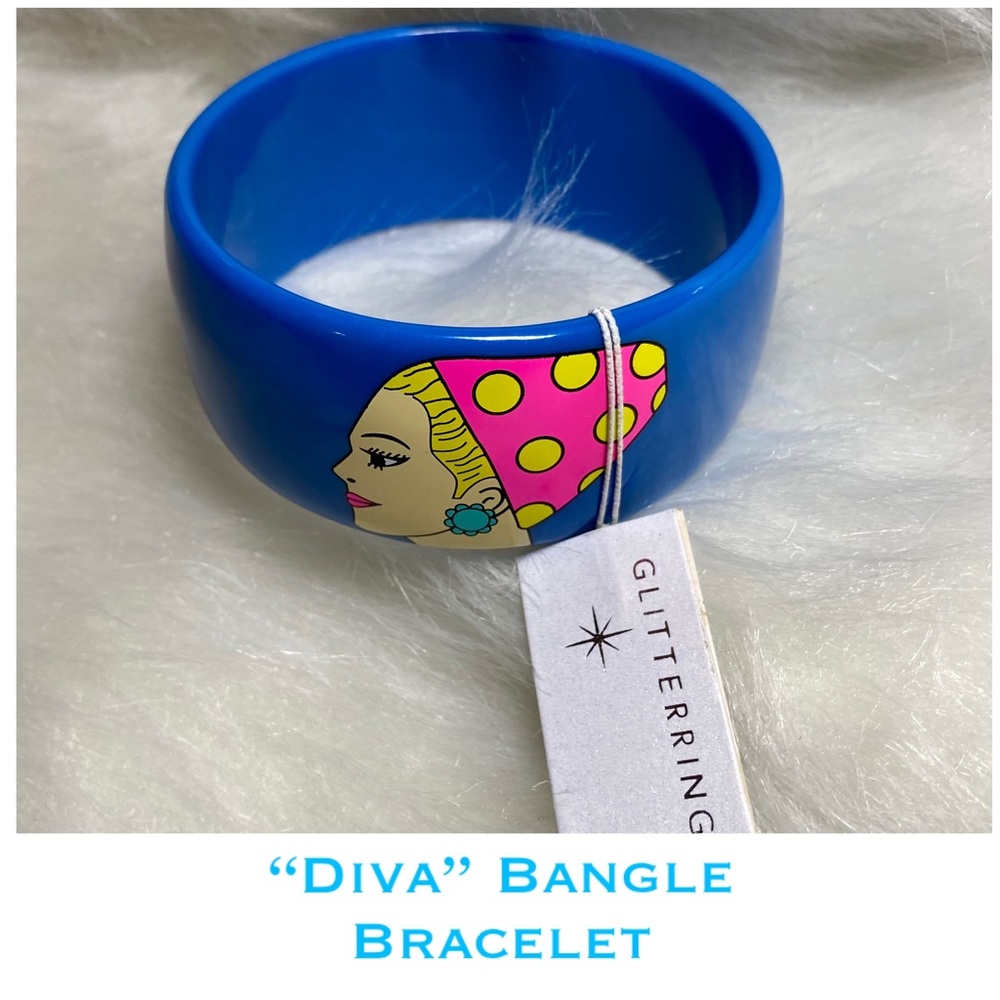 Bright Blue NWT Bangle ‘Diva’ Graphic Bracelet by Glitterrings